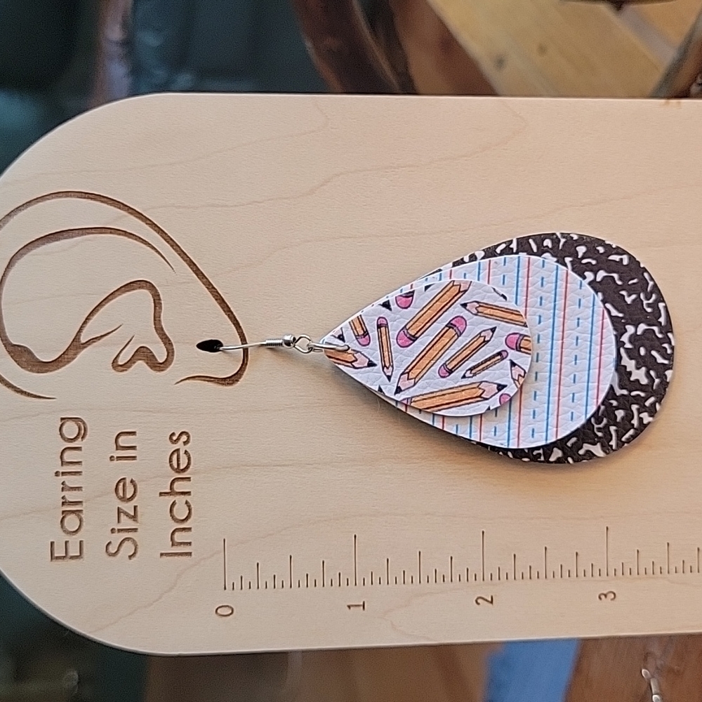 NEW School Days Fun Print Layered Teardrop Dangle Earrings, lightweight - Picture 3 of 5